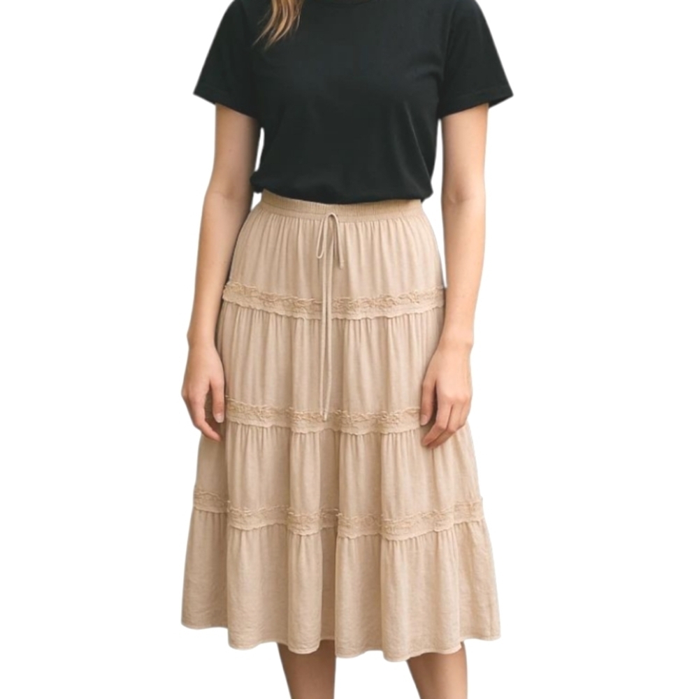 90s Y2k FANG Tan Tiered Lace Ruffled Sequined Boho Skirt - Picture 2 of 7